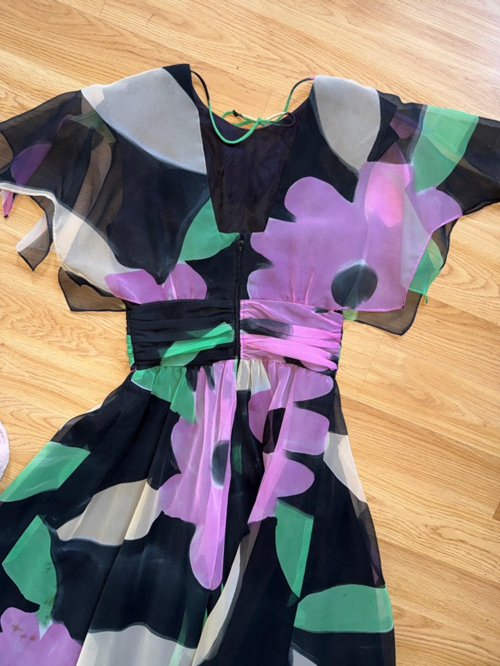 Vintage A.J. Bari Floral Chiffon Midi Dress Black Lavender Green Size 6 1980s - Picture 12 of 16